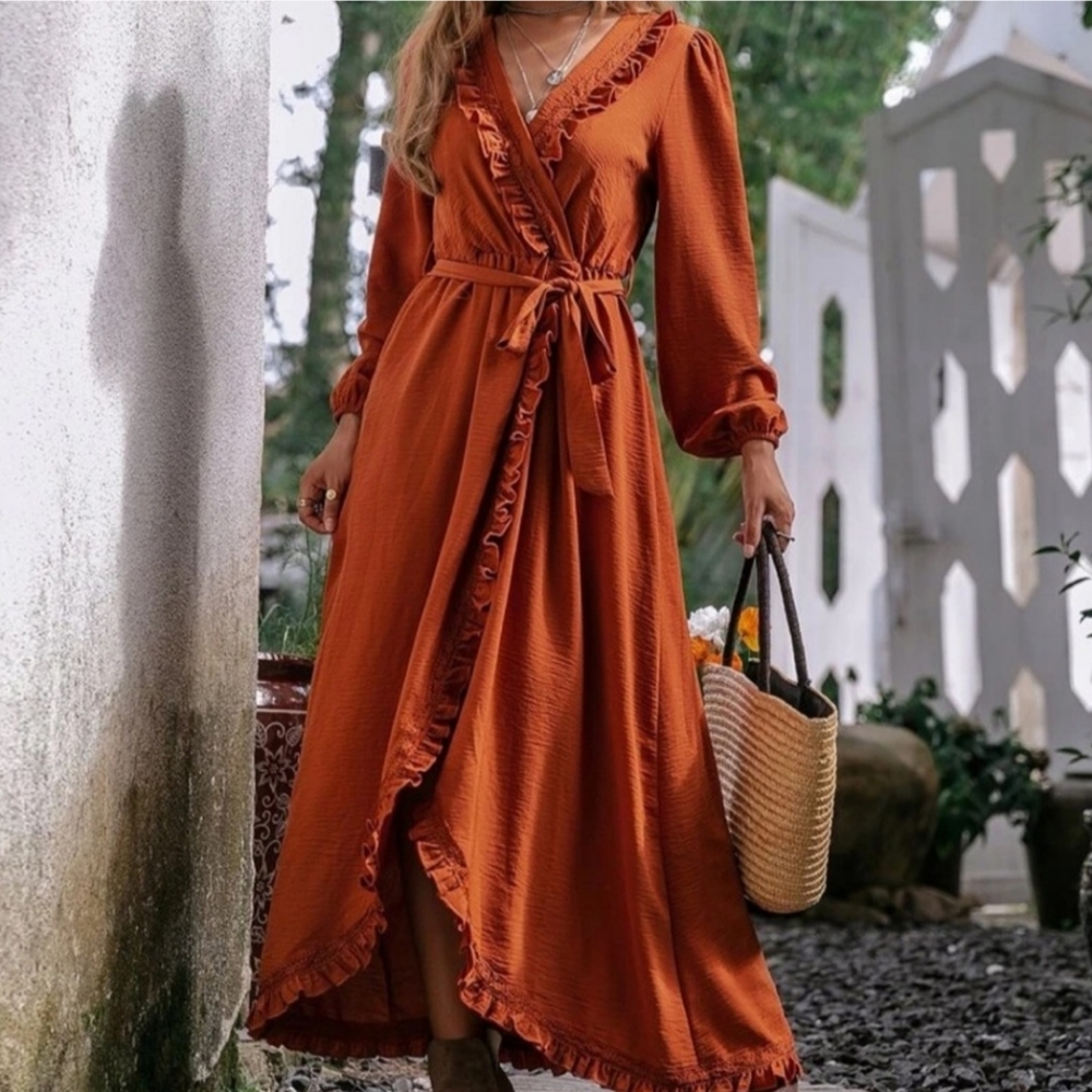 Boho burnt orange wrap dress